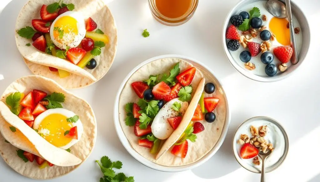 A breakfast spread of high-protein options including egg white breakfast tacos and Greek yogurt bowls A breakfast spread of high-protein options including egg white breakfast tacos and Greek yogurt bowls