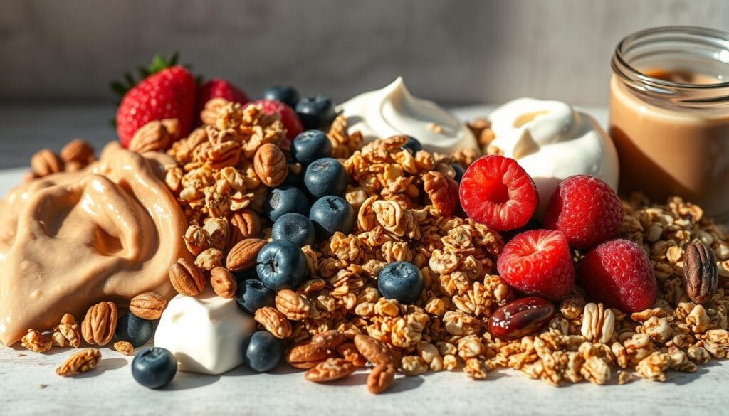 A delightful arrangement of various overnight oat toppings and mix-ins, captured in a crisp, appetizing still life. An artful composition showcasing a variety of colorful, textured ingredients - fresh berries, toasted nuts, swirls of natural nut butters, crunchy granola, and dollops of creamy yogurt. The scene is bathed in warm, soft lighting, casting subtle shadows and highlights that accentuate the vibrant hues and appealing textures. The overall mood is one of inviting wholesome nourishment, designed to spark the imagination and inspire young taste buds to explore new and exciting flavor combinations. A delightful arrangement of various overnight oat toppings and mix-ins, captured in a crisp, appetizing still life. An artful composition showcasing a variety of colorful, textured ingredients - fresh berries, toasted nuts, swirls of natural nut butters, crunchy granola, and dollops of creamy yogurt. The scene is bathed in warm, soft lighting, casting subtle shadows and highlights that accentuate the vibrant hues and appealing textures. The overall mood is one of inviting wholesome nourishment, designed to spark the imagination and inspire young taste buds to explore new and exciting flavor combinations.