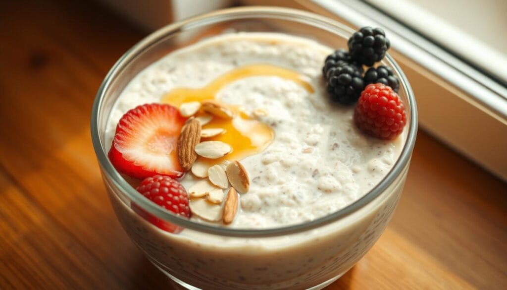 A meticulously crafted glass bowl filled with a creamy, thick base of overnight oats, bathed in warm, natural lighting. The oats are artfully layered with a lush swirl of fresh berries, a drizzle of golden honey, and a sprinkling of toasted almonds, creating a visually enticing and nutritious breakfast. The scene is captured from a high angle, showcasing the delicate textures and colors of the ingredients. The overall mood is one of simplicity, wholesomeness, and culinary excellence, perfectly embodying the "Ultimate Base Recipe for Perfect Overnight Oats". A meticulously crafted glass bowl filled with a creamy, thick base of overnight oats, bathed in warm, natural lighting. The oats are artfully layered with a lush swirl of fresh berries, a drizzle of golden honey, and a sprinkling of toasted almonds, creating a visually enticing and nutritious breakfast. The scene is captured from a high angle, showcasing the delicate textures and colors of the ingredients. The overall mood is one of simplicity, wholesomeness, and culinary excellence, perfectly embodying the "Ultimate Base Recipe for Perfect Overnight Oats".