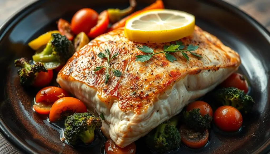 Baked salmon with roasted vegetables on a plate Baked salmon with roasted vegetables on a plate