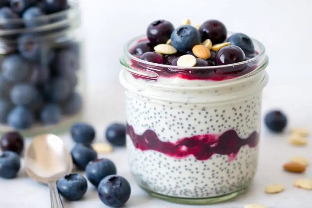 Blueberry almond chia pudding in a glass jar Blueberry almond chia pudding in a glass jar