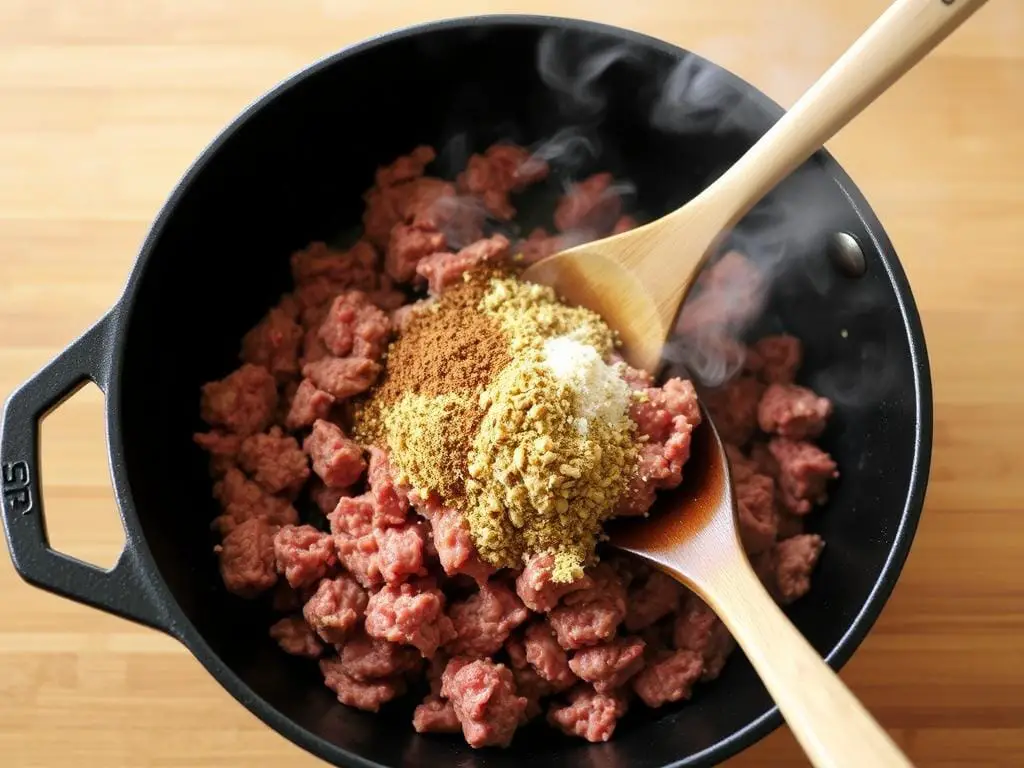 Cooking ground beef with taco seasoning in a skillet Cooking ground beef with taco seasoning in a skillet