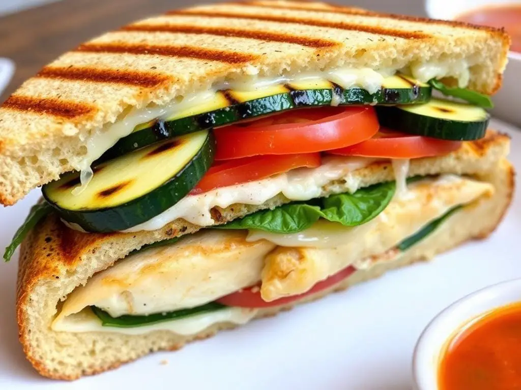 Finished Grilled Chicken Panini cut in half showing all layers Finished Grilled Chicken Panini cut in half showing all layers