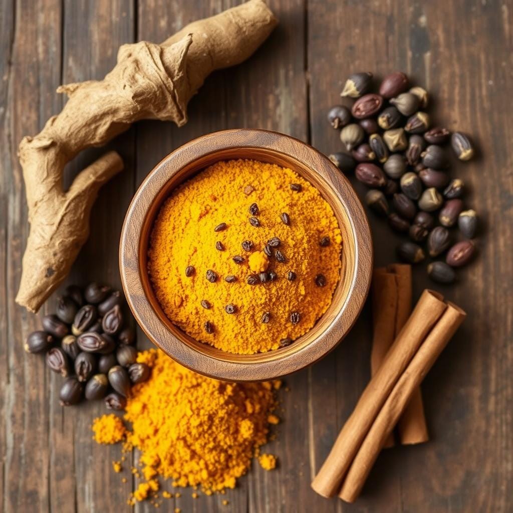 Homemade anti-inflammatory spice blend with turmeric, black pepper, and other spices Homemade anti-inflammatory spice blend with turmeric, black pepper, and other spices