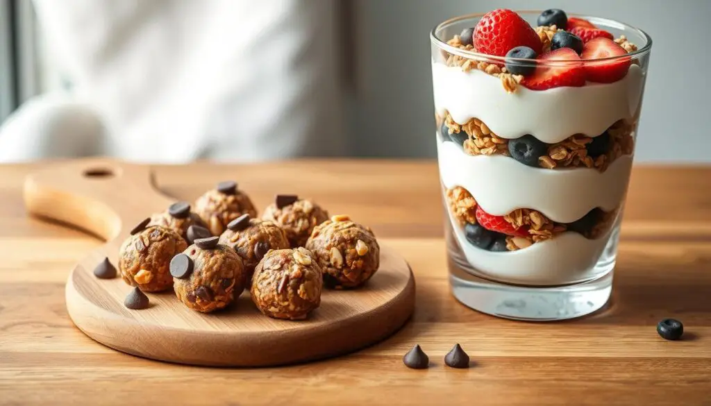 Homemade protein balls and Greek yogurt parfait Homemade protein balls and Greek yogurt parfait