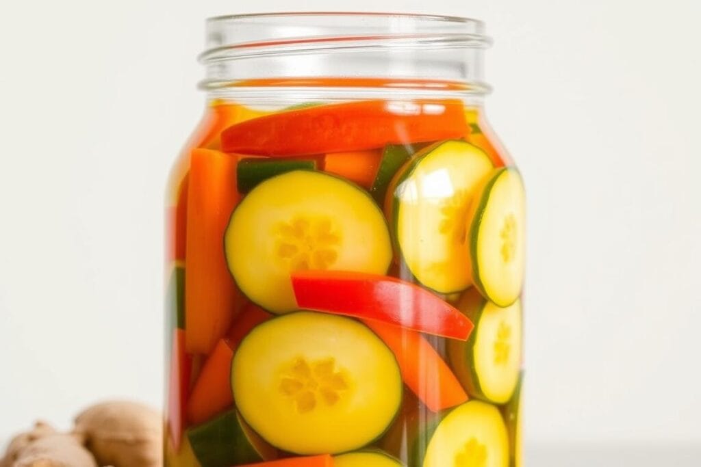 Jar of quick pickled vegetables with turmeric and ginger Jar of quick pickled vegetables with turmeric and ginger