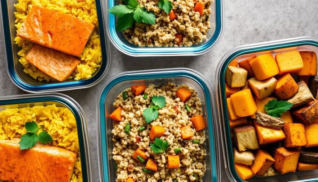 Meal prep containers with anti-inflammatory foods Meal prep containers with anti-inflammatory foods