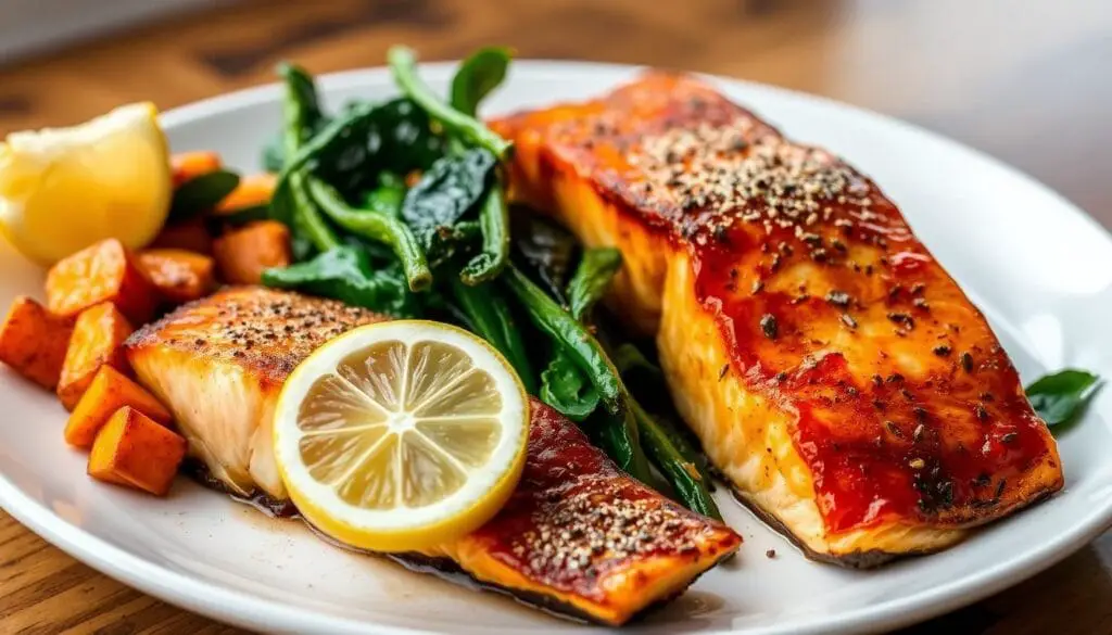 Roasted salmon with sweet potatoes and leafy greens Roasted salmon with sweet potatoes and leafy greens
