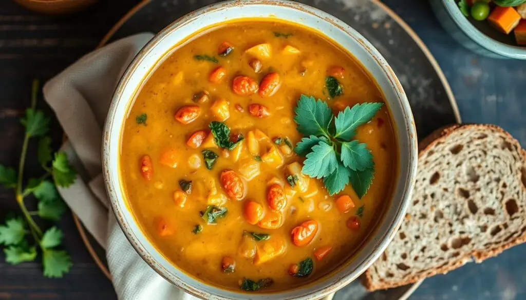 Turmeric lentil soup with vegetables in a bowl Turmeric lentil soup with vegetables in a bowl